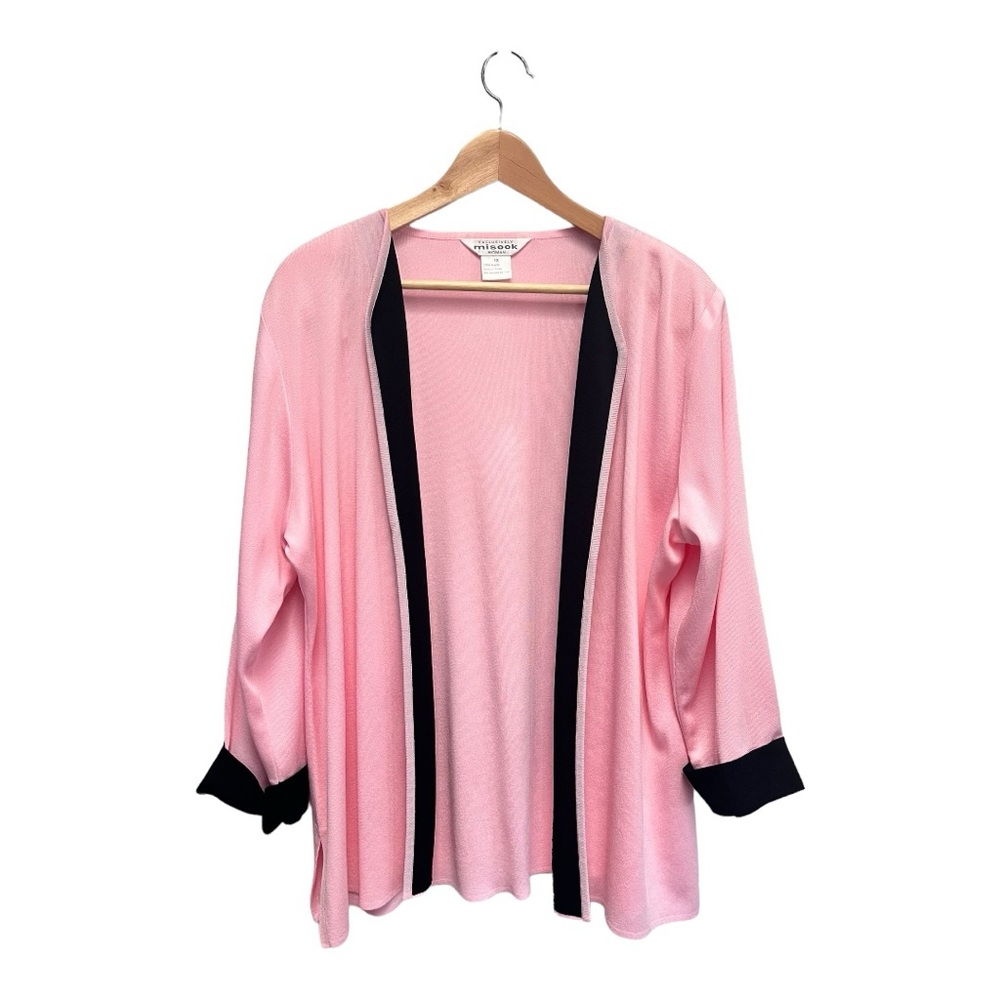 Exclusively Misook Light Pink Open Front Cardigan Jacket Black Trim  1X